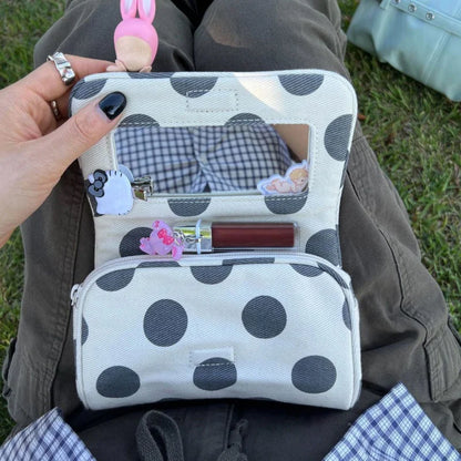 Makeup Bag with Mirror – Korean Striped Cosmetic Pouch