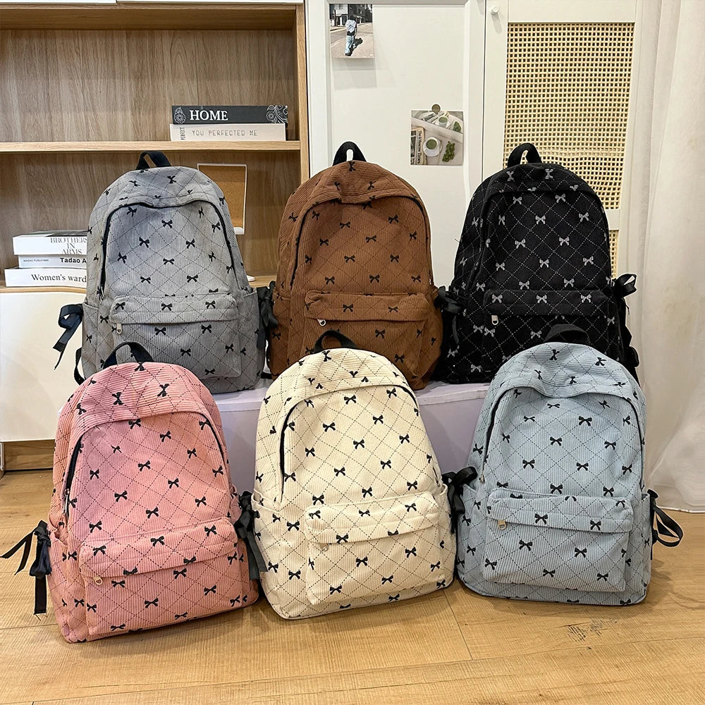 Corduroy Bow Backpack – Cute School Bag for Girls & College Students