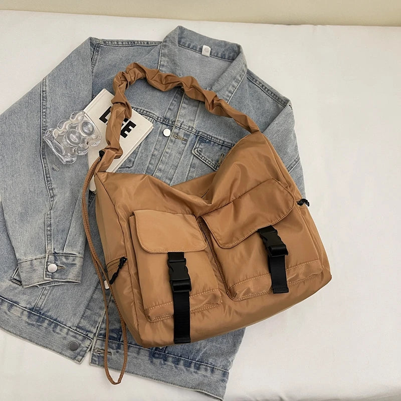 Moods Pleated Design Crossbody Bags Girls Nylon Fabric Multi Pockets Large Capacity Messenger Bag