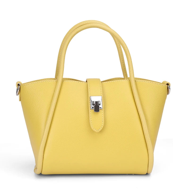 Genuine Leather Mini Tote Bag for Women – Cowhide Shoulder Handbag with Lock Closure