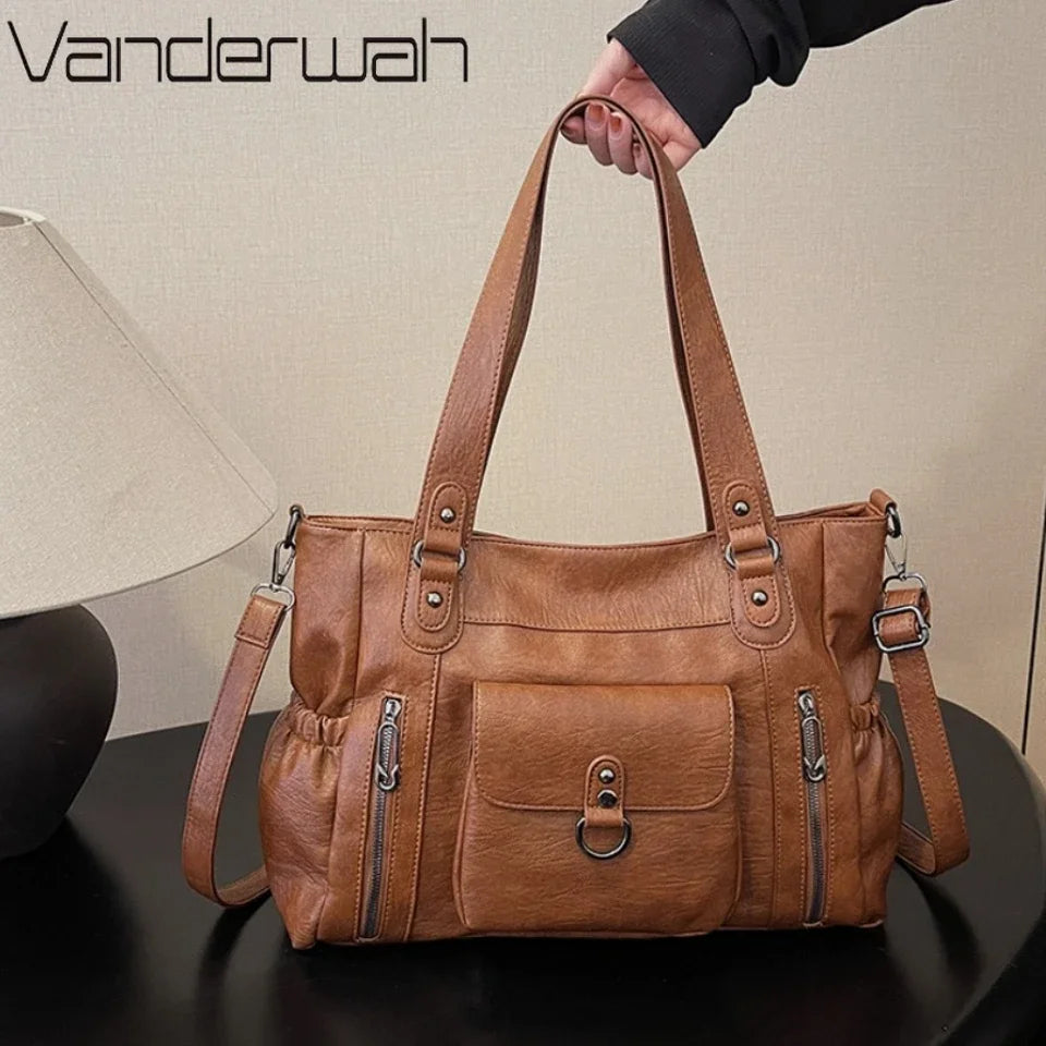 Large Capacity Leather Shoulder Bag with Zipper Pockets