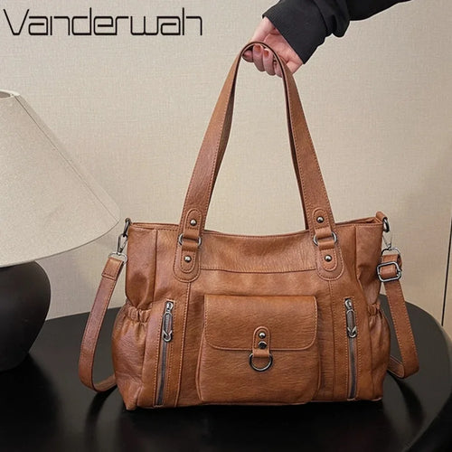 Large Capacity Leather Shoulder Bag with Zipper Pockets