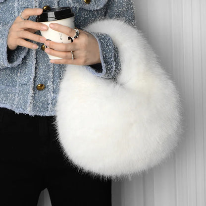 Faux Fur Top Handle Bag for Women – Fluffy Wrist Knot Mini Tote