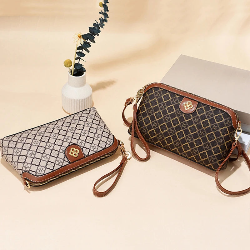 Vintage Floral Print PU Leather Women's Crossbody Clutch Bag