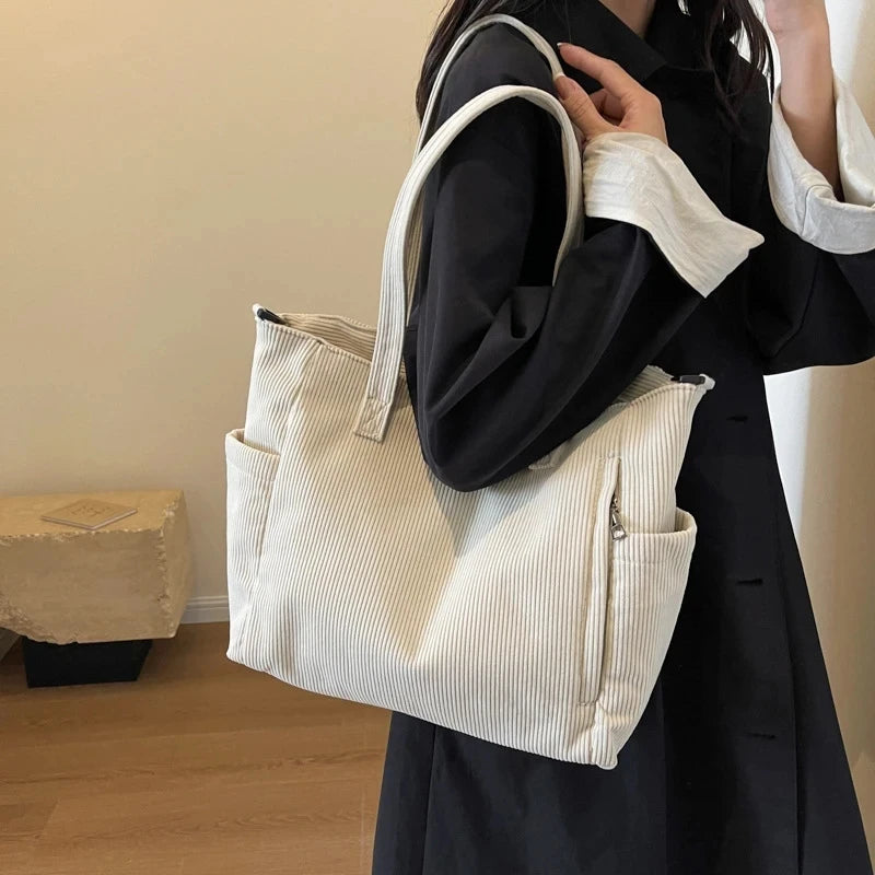 Velvet Corduroy Shoulder Bag – Large Capacity Striped Handbag
