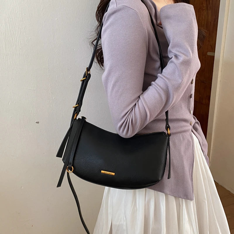 Moods Half-Moon Crossbody Bags Women Soft Vegan Leather Solid Color Underarm Shoulder Hobo Bag