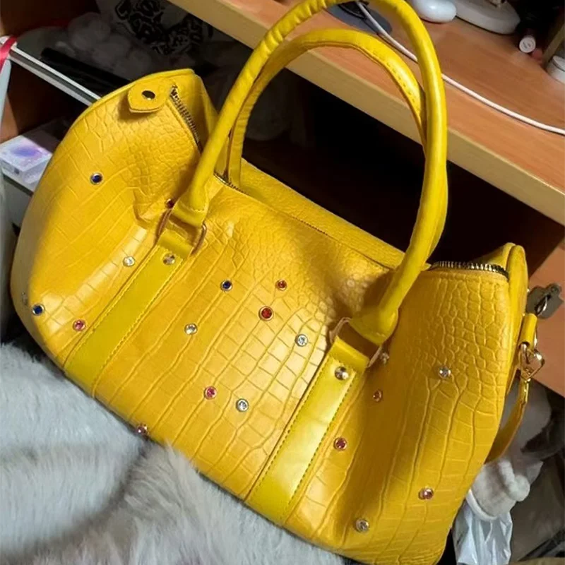 Crocodile Pattern Travel Handbag with Diamond Embellishments