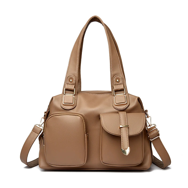 Leather Tote Handbag with Dual Front Pockets & Arrow Hardware