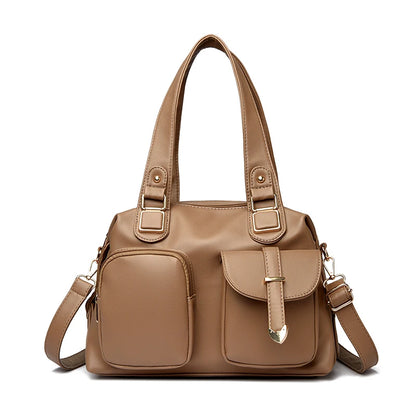 Leather Tote Handbag with Dual Front Pockets & Arrow Hardware