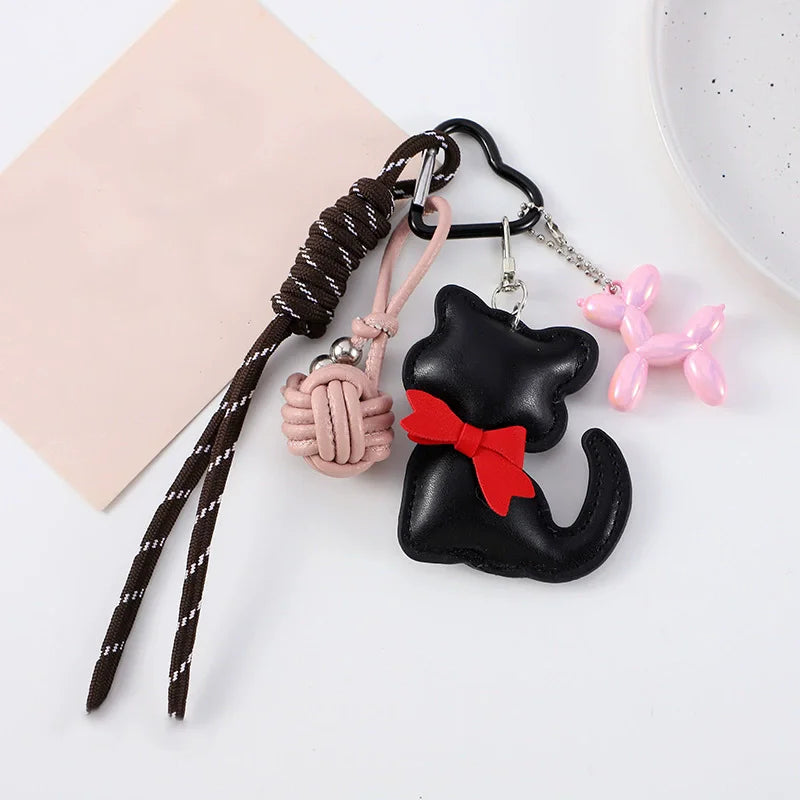 PU Leather Heart Bow Keychain with Balloon Dog Charm