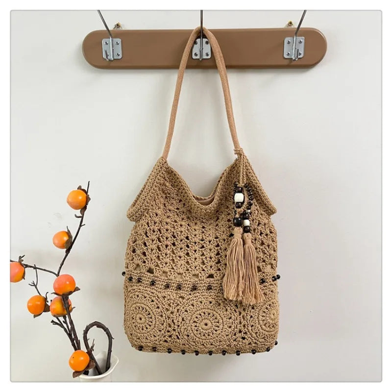Crochet Tote Bag – Boho Beach Bag with Tassel, Beads & Adjustable Strap