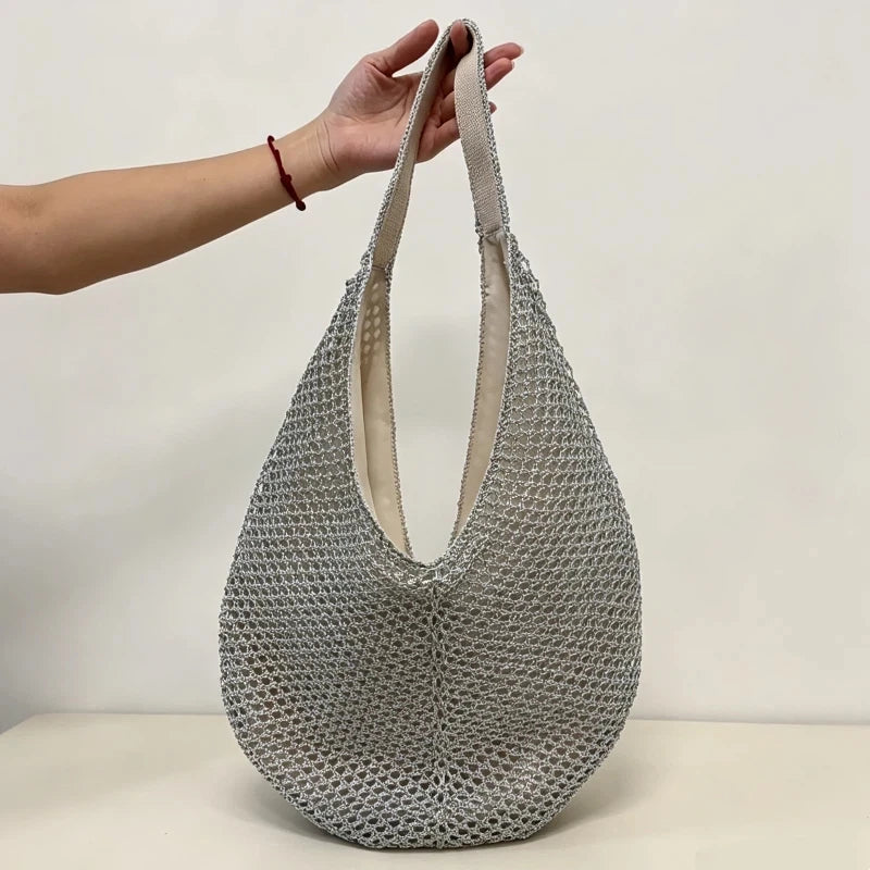 Silver Woven Mesh Hobo Tote Bag Large Capacity for Women