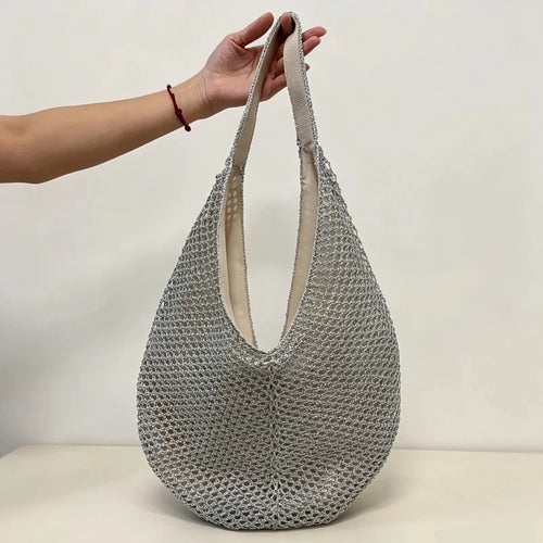 Silver Woven Mesh Hobo Tote Bag Large Capacity for Women