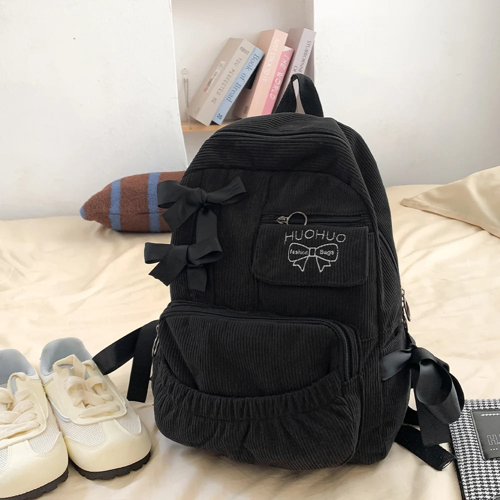 Bow Accent Corduroy Backpack for Women – Cute Aesthetic School Bag