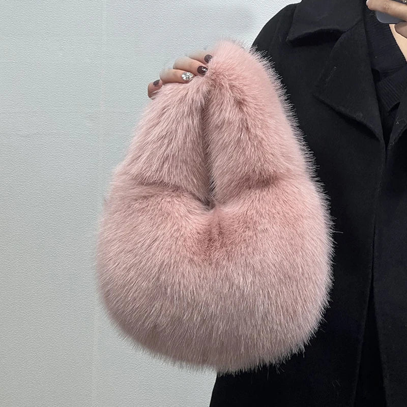 Faux Fur Half Moon Bag for Women – Fluffy Mini Tote Handbag