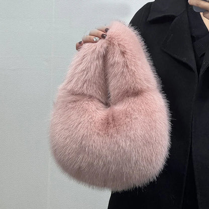 Faux Fur Half Moon Bag for Women – Fluffy Mini Tote Handbag