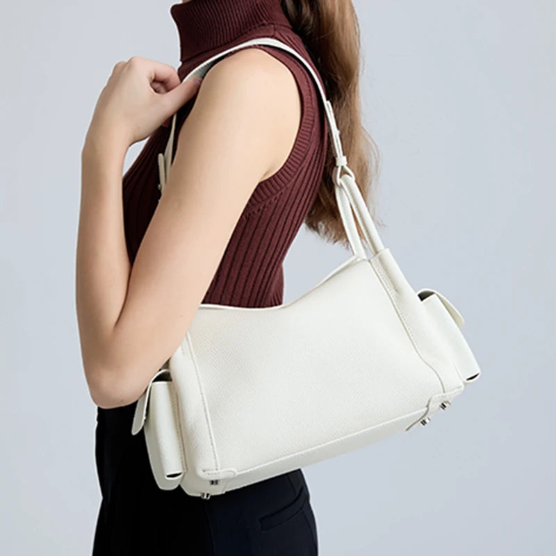 Genuine Cowhide Leather Hobo Shoulder Bag – Pebbled Minimalist Style