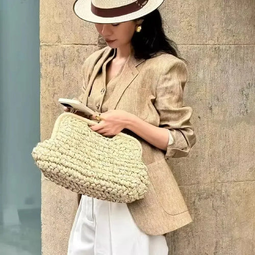 Handwoven Straw Clutch Bag – Elegant Summer Beach Handbag