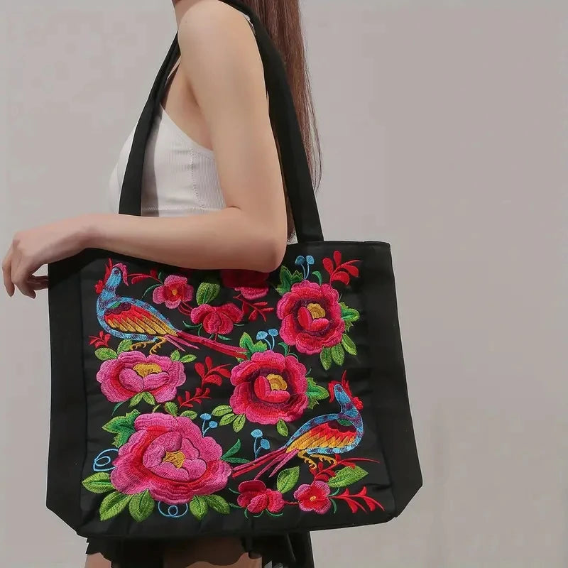 Embroidered Canvas Tote Bag – Ethnic Floral & Phoenix Shoulder Bag