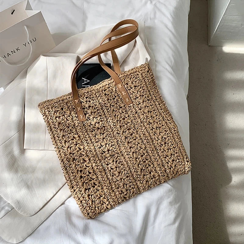 Straw Beach Bag Handwoven Tote with Leather Straps