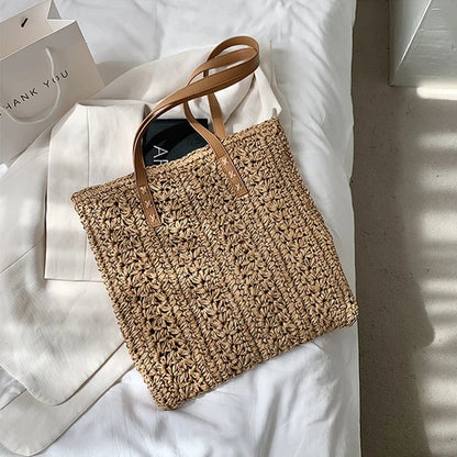 Straw Beach Bag Handwoven Tote with Leather Straps