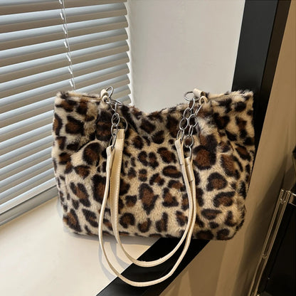 Leopard Print Fluffy Shoulder Bag – Large Capacity Chain Tote