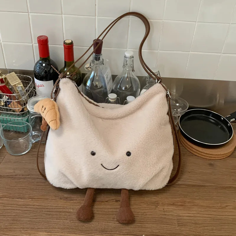 Cute Plush Shoulder Bag Women Large Capacity Furry Tote Handle Comfortable Versatile Texture