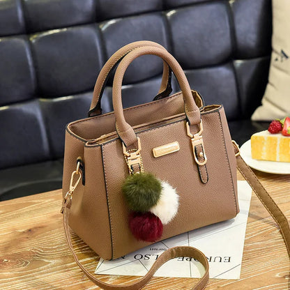 PU Leather Handbag for Women – Crossbody Bag with Fur Ball Charm