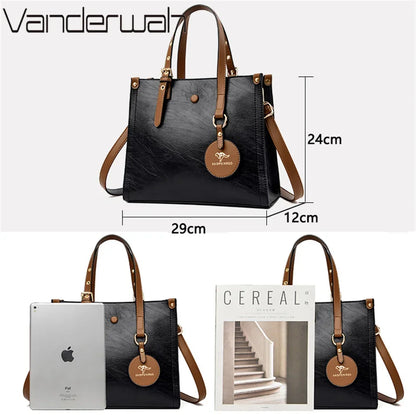 3-Layer Vintage Leather Tote Bag for Women