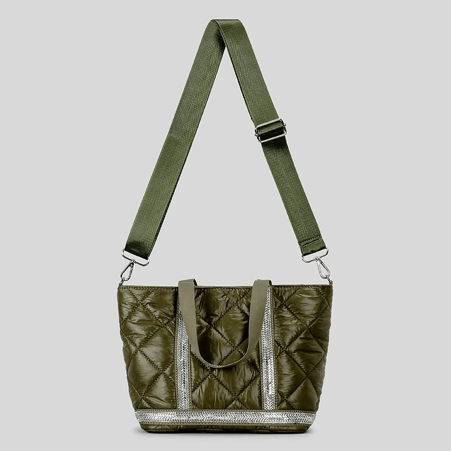 Luxury Rhinestone Puffer Tote Bag Lingge Quilted Large Padded Women Handbags Casual Nylon Shoulder