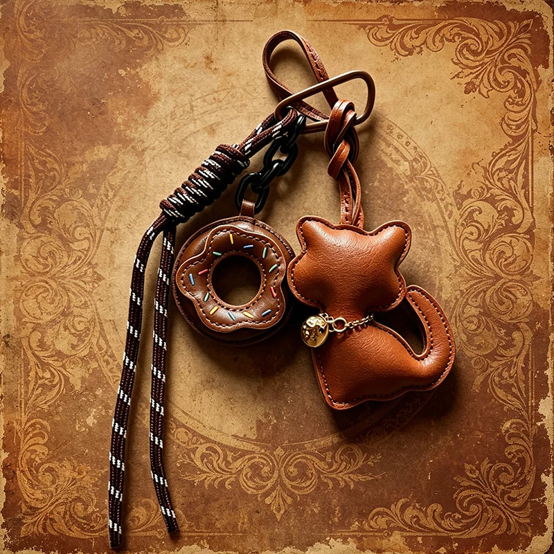 Cat Keychain – Cute Leather Cat & Donut Bag Charm with Tassel