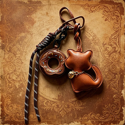 Cat Keychain – Cute Leather Cat & Donut Bag Charm with Tassel