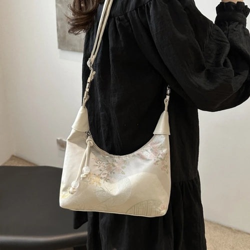 Embroidered Bucket Bag Women's Pearl Crossbody Handbag