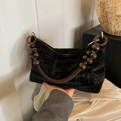 Bead Handle Shoulder Bag – Women's Retro Canvas Underarm Bag