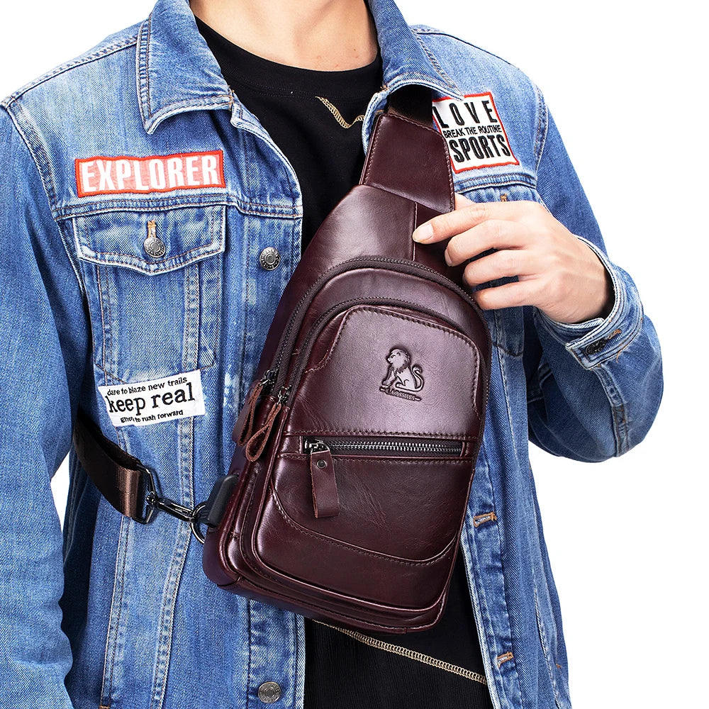 Men's Leather Chest Bag – Casual Crossbody Sling Bag with USB Port