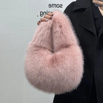 Fluffy Faux Fur Half Moon Bag – Women's Luxury Small Tote