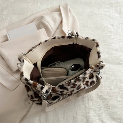 Leopard Print Fluffy Shoulder Bag – Large Capacity Chain Tote