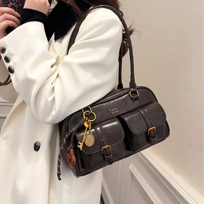 Retro PU Leather Shoulder Bag – Women's Multi-Pocket Large Capacity Satchel