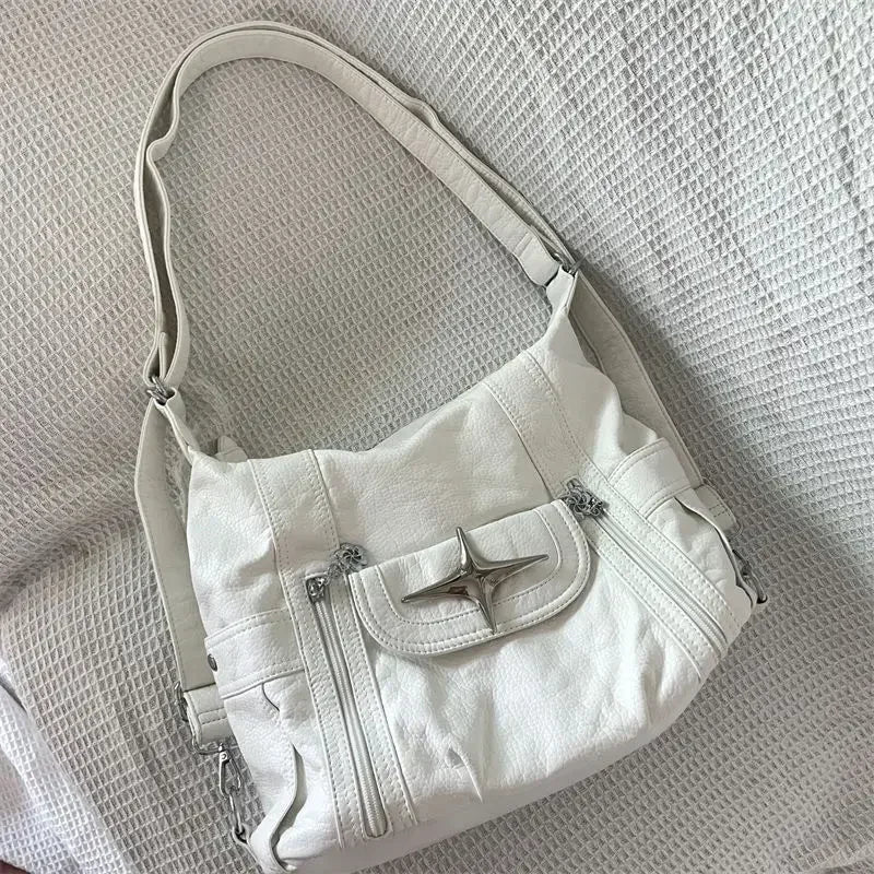 Y2K Star Shoulder Bag – White PU Leather Large Capacity Punk Handbag