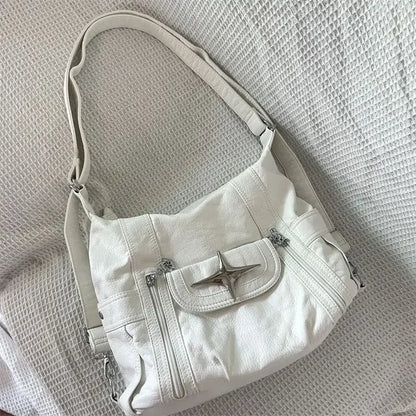 Y2K Star Shoulder Bag – White PU Leather Large Capacity Punk Handbag