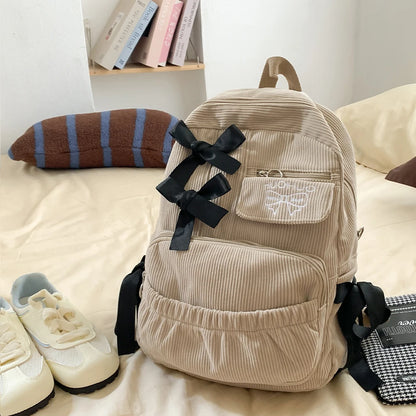 Bow Accent Corduroy Backpack for Women – Cute Aesthetic School Bag