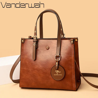 3-Layer Vintage Leather Tote Bag for Women