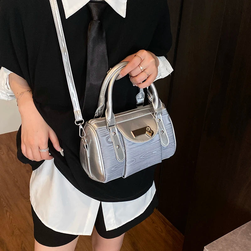 Moods Luxury Silver Trim Wave Texture Boston Bag Lady Mini Top Handle Handbag Detachable Strap