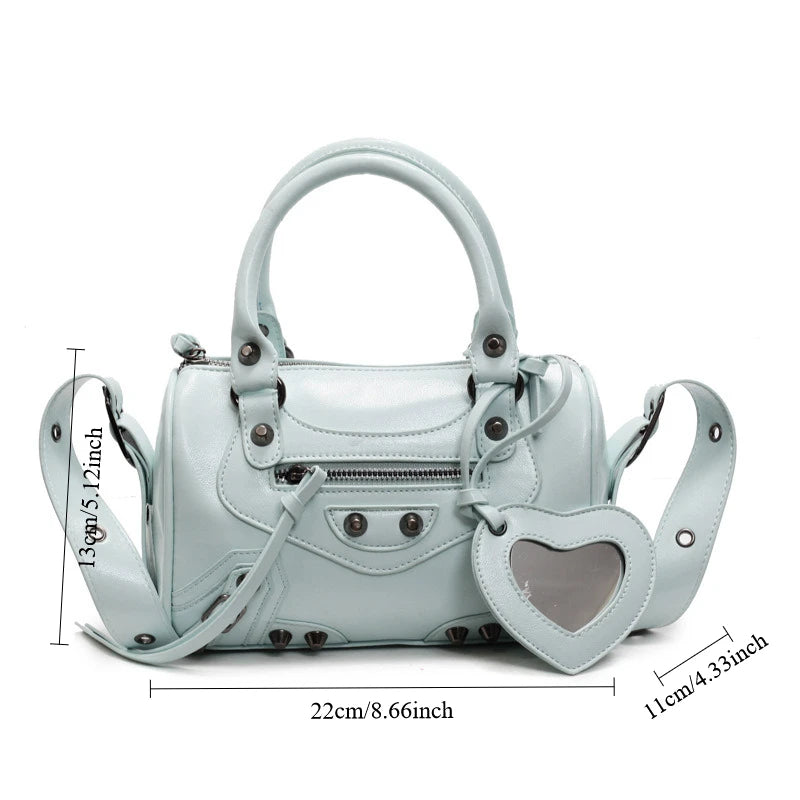 Mini Leather Cylinder Bag – Rivet Crossbody Handbag for Women