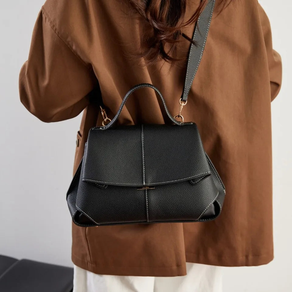 Pebbled Leather Flap Satchel Bag – Top Handle Crossbody Commuter