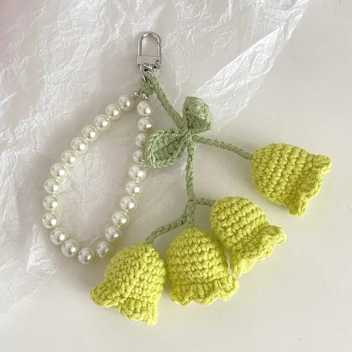 Crochet Flower Keychain with Pearl Chain Bag Charm Handmade