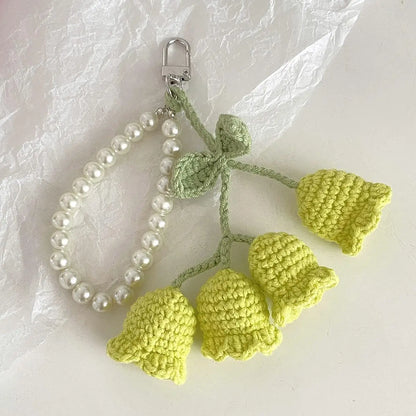 Crochet Flower Keychain with Pearl Chain Bag Charm Handmade