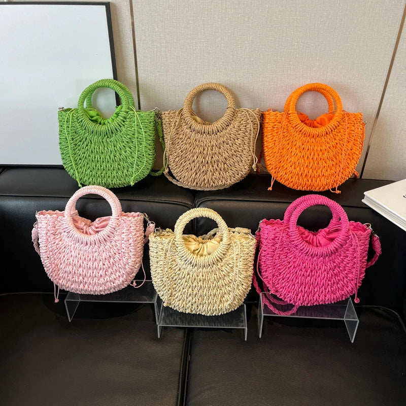Woven Straw Handbag - Women's Half Moon Rattan Shoulder Bag