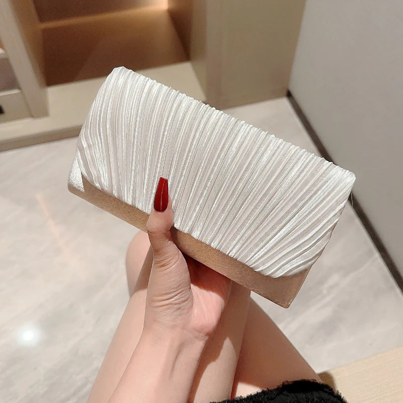 Satin Evening Clutch Bag for Women – Pleated Rhinestone Wedding Purse