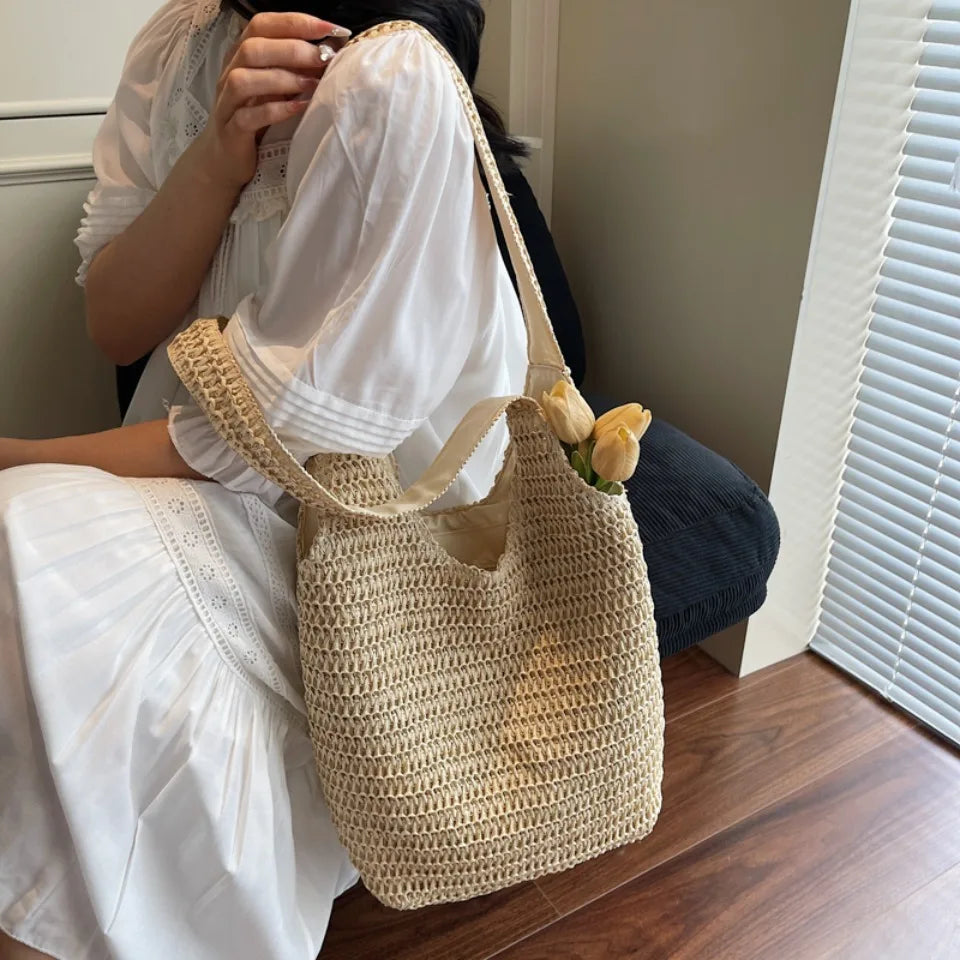 Woven Straw Beach Tote Bag for Women – Large Capacity Shoulder Bag